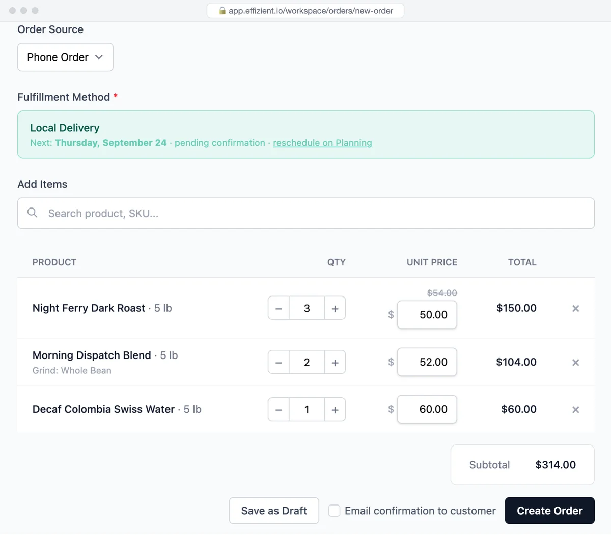 A new order being entered for a café: the source set to phone order, local delivery on the next delivery day, three coffees reordered from a past order at the café's own prices, one below the struck-through catalog price, and a subtotal