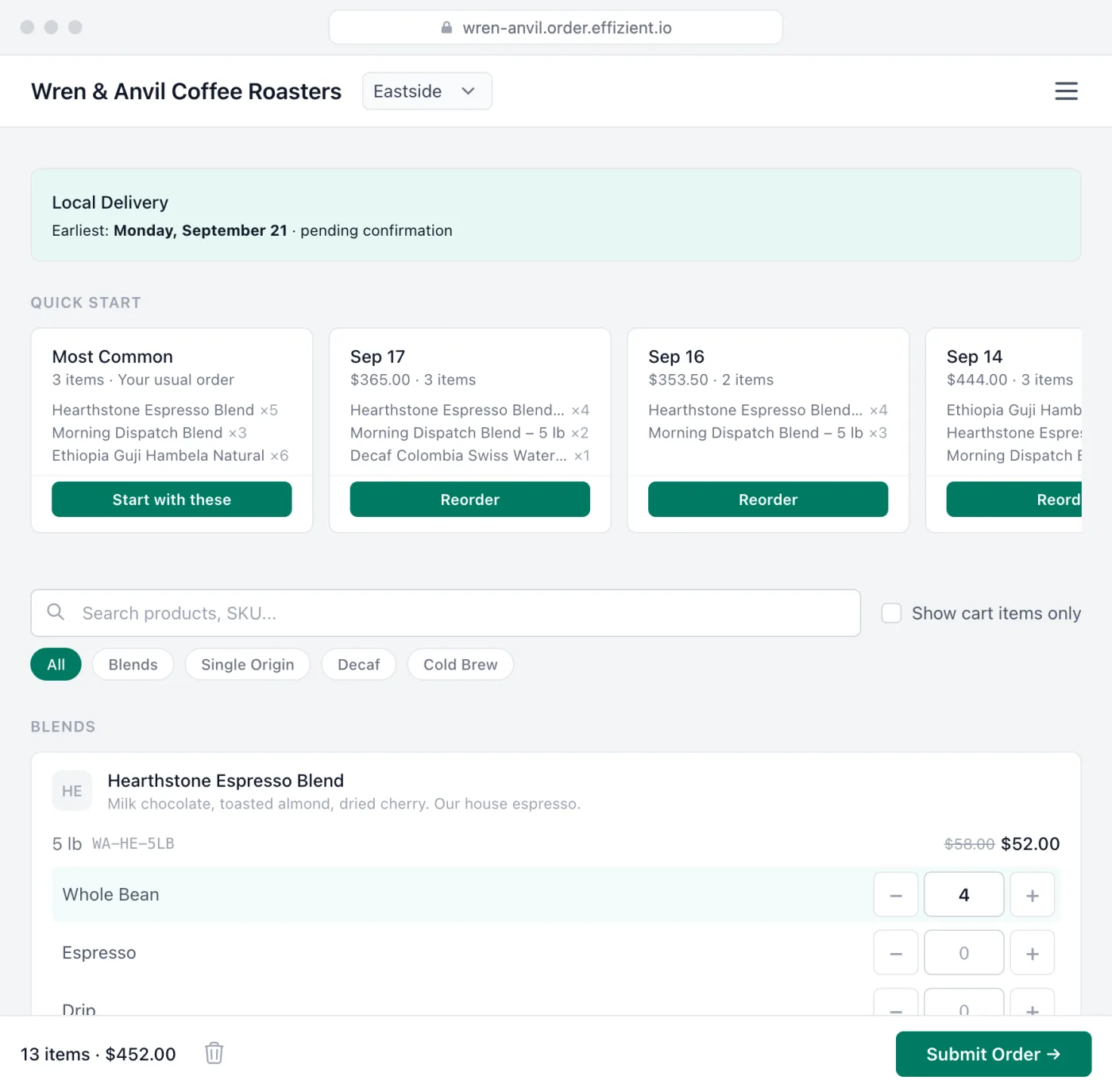 The order form a wholesale buyer uses: their usual orders to start from, products grouped into blends and single origins with tasting notes, their own price shown against the catalog price, a quantity for each grind, and a running order total