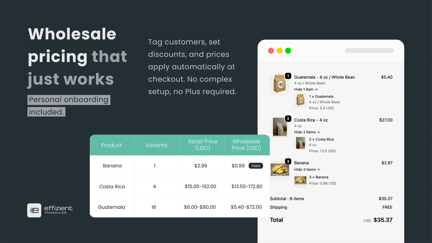 effizient Wholesale app dashboard showing customers and pricing