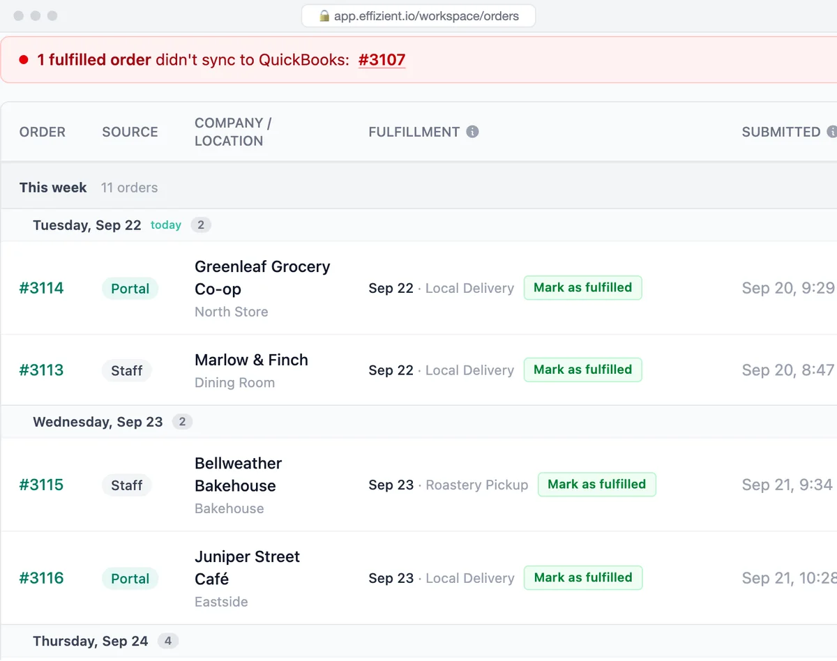 The orders list with a banner saying one fulfilled order didn't sync to QuickBooks, above this week's orders marked portal or staff