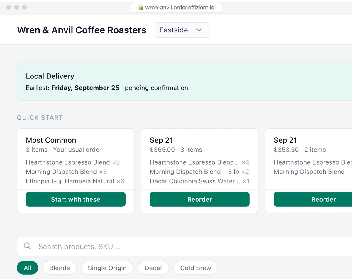 A café's order form: their delivery date, reorder cards built from past orders, and the product list